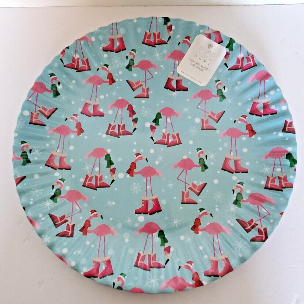 New Sigrid Olsen Melamine Platter Appetizer Serving Blue Pink Flamingo Christmas